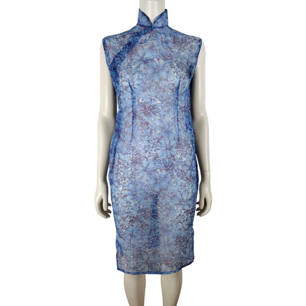 Vintage Blue Floral Midi Cheongsam Dress